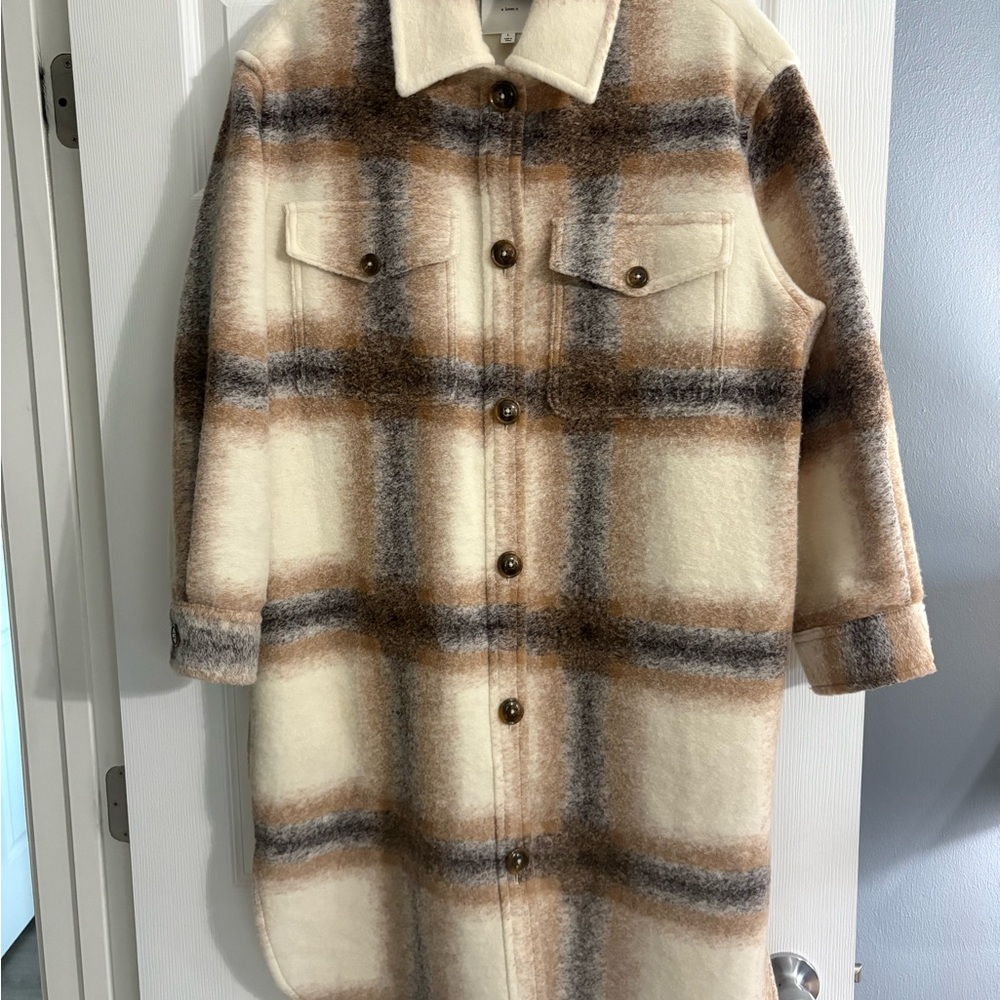 Plaid Longline Coat with Button Closure